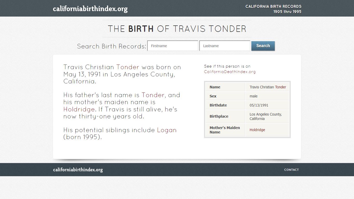 Travis Christian Tonder, Born 05/13/1991 in California ...